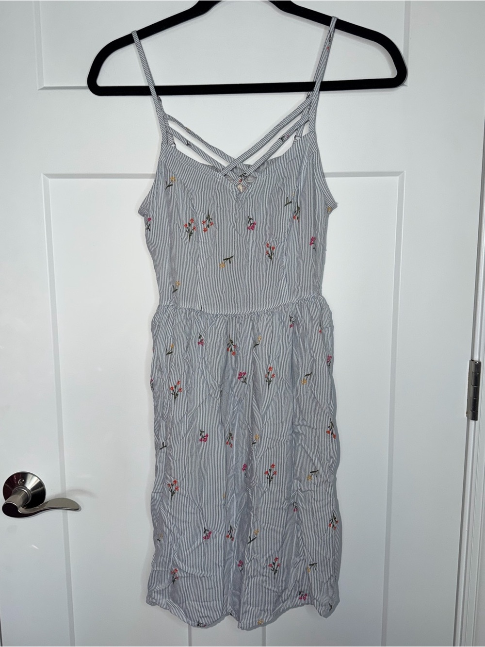 SO Pinstripe Floral Cross Front Dress